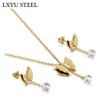Stainless steel jewelry Sets Lovely Butterfly Charm Necklace Earrings