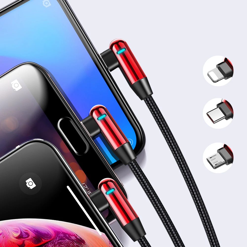 FDBRO 3 в 1 светодиодный светильник L изгиб зарядка USB кабель для iPhone Xr X HUAWEI для samsung локоть зарядный кабель для IOS 12 11 10