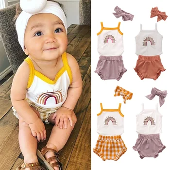 

Baby Summer 3pcs Sleeveless Rainbow Jumpsuit Plaid Shorts Pants Headband Outfits Set Baby Unisex Clothes Newborn Clothes