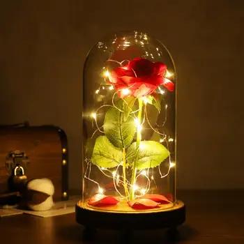 

Flower Rose With Fallen Petal In Luxury Glass Dome With LED Lights Gift Box For Valentine'S Day Mother'S Day Anniversary Wedding