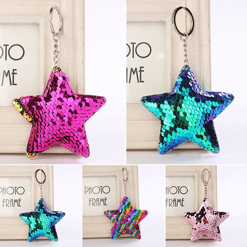 Pentagram Keychain Glitter  Sequins Key Chain Gifts Car Bag Accessories Key Ring 