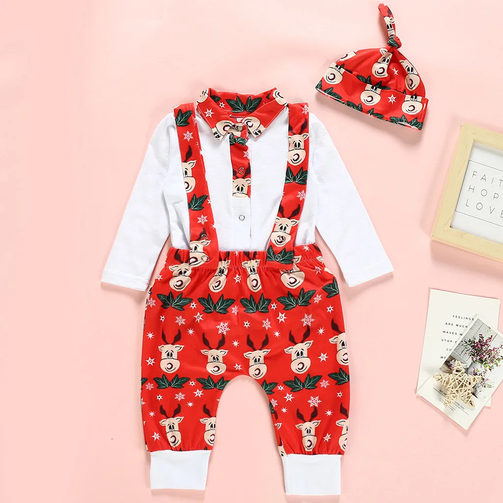 Комплект из 3 предметов для малышей «my first christmas», Детский комбинезон с рождественским принтом для маленьких девочек+ штаны на подтяжках+ шапочка, наряды ropa navidad bebe