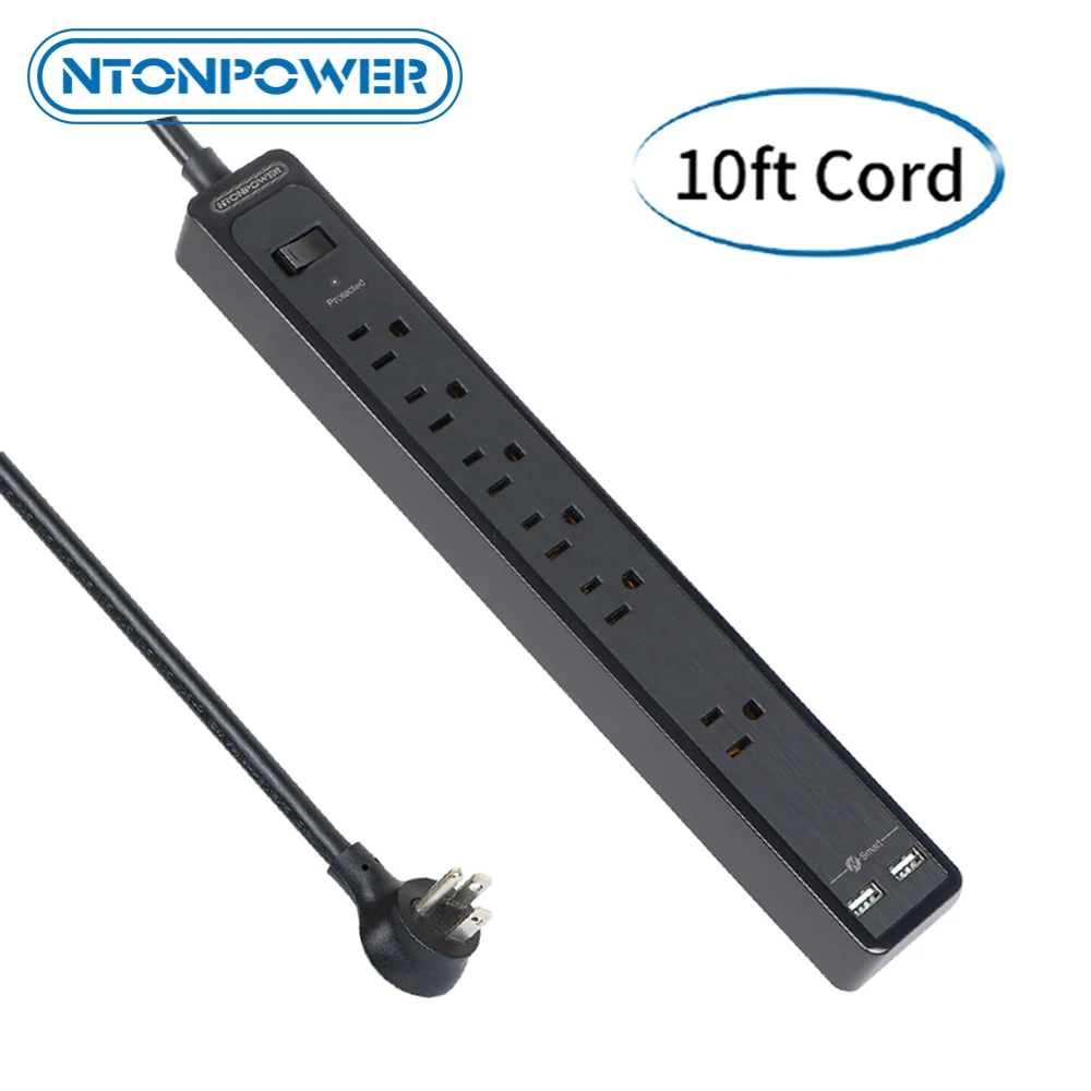 

NTONPOWER Wall Mounted Surge Protector US Power Strip Black With 10ft Extension Cord Slim Design USB Plug For Home Dorm Room