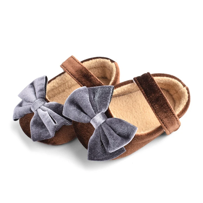 Cute Velvet Flock Princess Bow Shoes Toddler Baby Girls Mary Jane Flats Soft Sole Non-Slip Infant Kids Prewalkers
