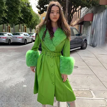 

Green Long Fur Collar Leather Coat Women Vintage PU Faux Leather Overcoat Winter Loose Belt Windbreaker PU Trench Coat Luxury