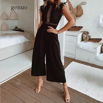 

Sexy Lace Hollow Out Women's Jumpsuit Rompers Sleeveless Backless Black White Overalls 2020 Summer Wide Leg Ruffles Playsuits