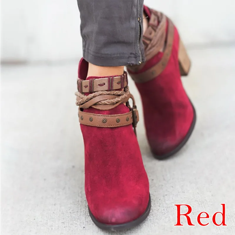 red-2 MoneRffi/Новинка года; ботинки в байкерском стиле с пряжкой; женские ботильоны в британском стиле; ботильоны на низком каблуке в стиле панк; зимняя женская обувь размера плюс - Цвет: red-2