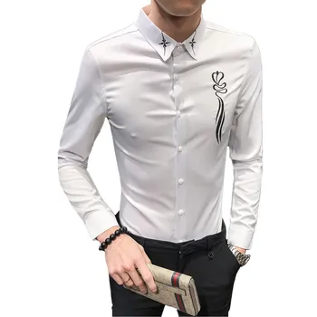

White Embroidered Mens Shirt Business Casual Shirts Fashion Slim Shirt Men Black Spring and Autumn camisa masculina 3xl
