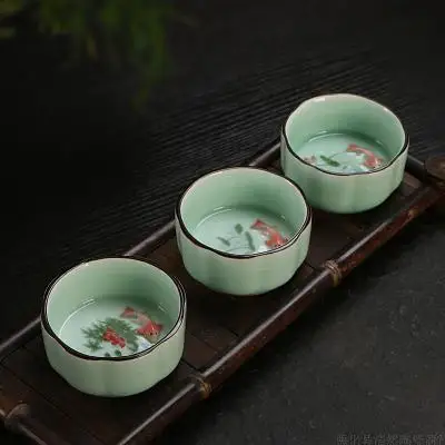 Керамическая чайная чашка, чаша с покрытием из Celadon, домашний кунг-фу, черный чай, Да Хун Пао, набор, чашка с рыбкой лотоса, чайная посуда