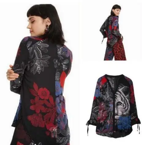 Оригинальная блузка desigual в испанском стиле с v-образным вырезом и ручной росписью