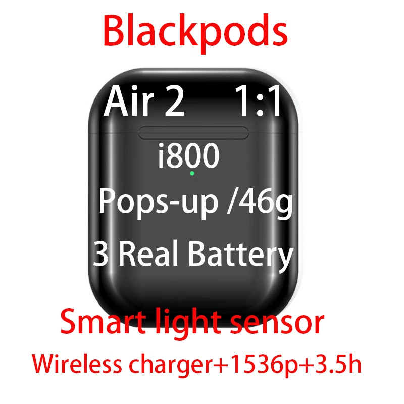 Blackpods i800 Super Copy Air 2 Bluetooth Earphones 5.0 Pops-up 46g Smart Light Sensor 1:1 Headsets Wirless Charger 1536p 3.5h