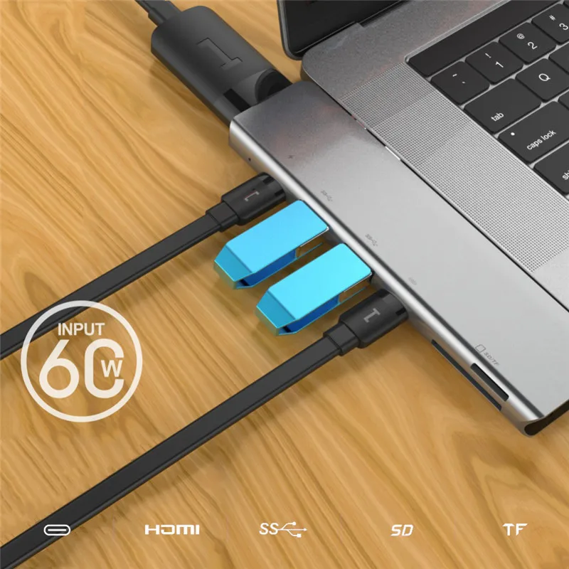Двойной Тип usb-C 7-1 концентратор для MacBook Pro 4K Выход 60 Вт Вход мульти-Многофункциональный преобразователь Plug and Play для простой мобильный офис