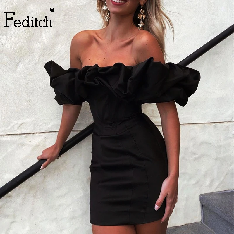 Feditch Satin Ruffles Sleeve 2020 Summer Dress Backless Strapless Bodycon White Dress Short Sexy Party Dress Nightclub Vestidos