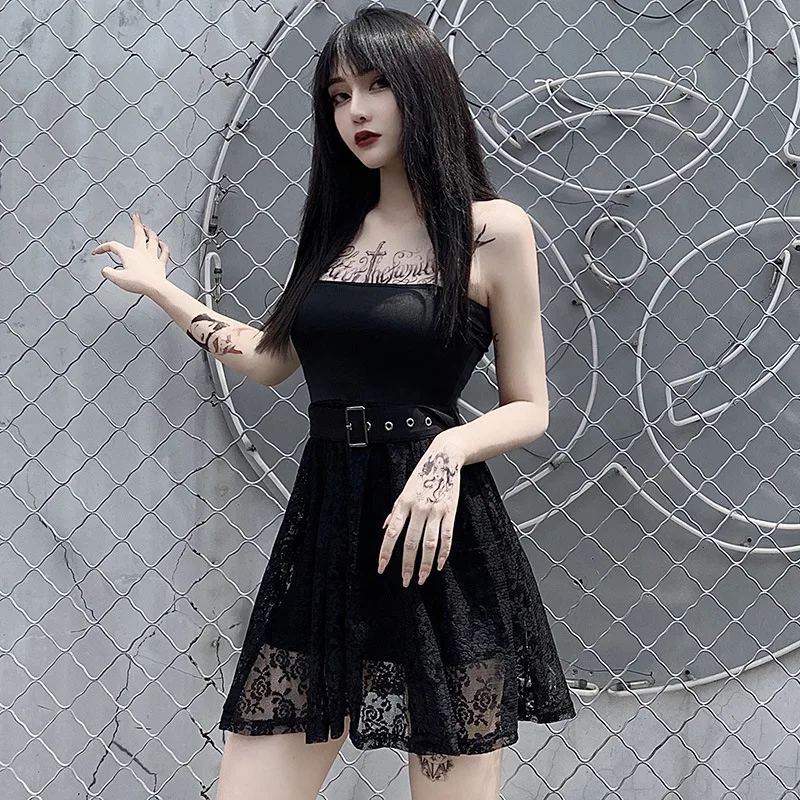 Black Dark Goth Women Sexy Deep V Dress 2020 Summer Lady Lace Patchwork Strap Adjustable Belt Mini Party Backless Gothic Dresses