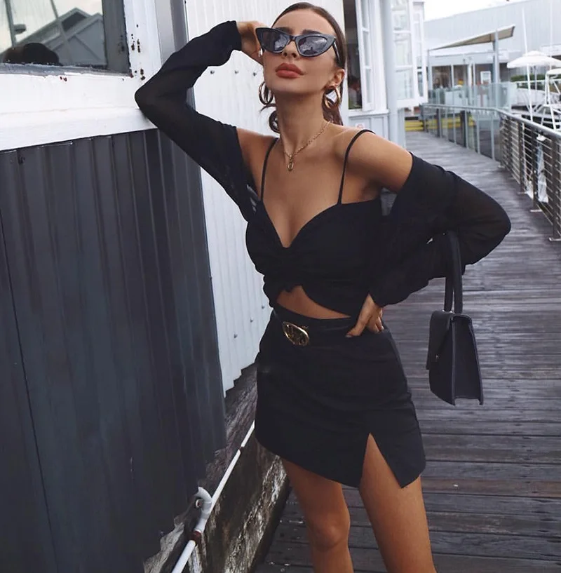 

Fashion Low Cut Drawstring Camisole And Long Sleeve Cardigan T shirt Two Piece Set Women Casual Top Sexy Office Lady Outfit