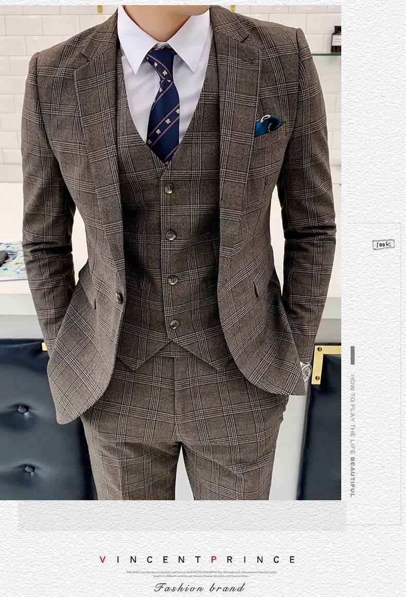 Деловые мужские костюмы хаки мужские костюмы 3 шт Terno Masculino Slim Fit Свадебные костюмы для мужчин с брюками платье для офиса