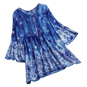 

Blouse women plus size блузка женская tops and blouses Pleated Ethnic Print Tie-dyed 3/4 Sleeve loose shirts free shipping #3