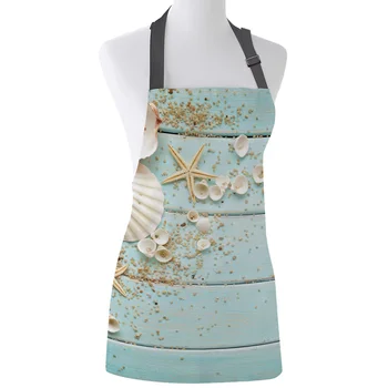 

Wooden Board Shells Starfish Printed Kitchen Aprons Durable Cleaning Tool Female Couples Housewife Cooking Baking Bib