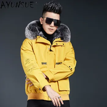 Kaufen AYUNSUE Winter Jacke MĂ€nner Kleidung Mit Kapuze Parka Echt Kaninchen Pelz Mantel 100% Fuchs Pelz Kragen Baumwolle Ărmel Ropa De Hombre LXR844