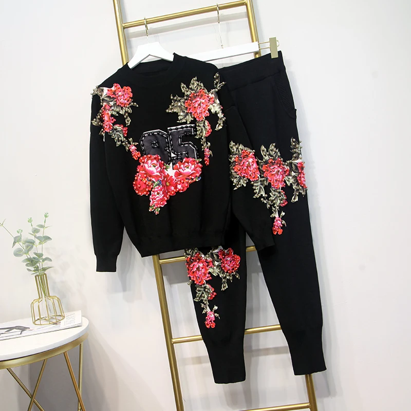 HIGH STREET стильный подиумный костюм набор женский великолепный Цветочный вышитый бисером свитер и брюки набор