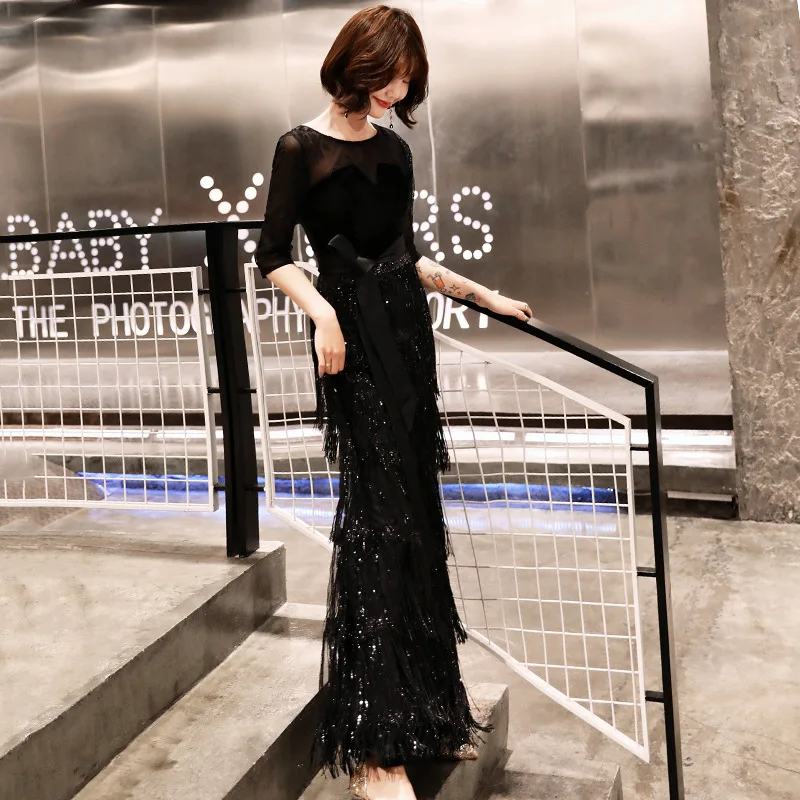 Красное Настоящее фото, Vestidos De Fiesta De Noche, вечернее платье, длинное вечернее платье, вечерние платья, свадебное вечернее платье ES2482 - Цвет: Black-O neck