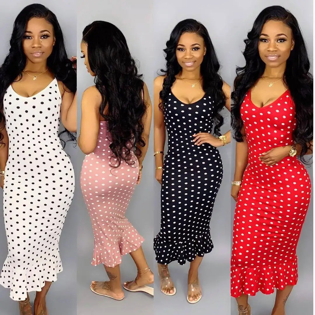 

Female Straps Long Dress Summer Sweet Elegant Ruffles Polka Dot Casual Dress Sexy Sleeveless Backless Vacation Clothes for Women
