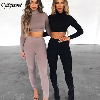 

Autumn Full Sleeve Solid Color O-neck Crop Top Shorts Women Two Pieces Sets Crop Top + Bodycon Pants Skinny 2Pcs Club Outfits