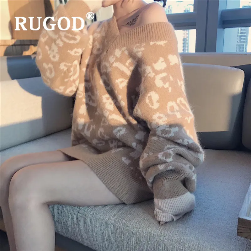 RUGOD, Леопардовый узор, женский свитер, пуловеры, v-образный вырез, свободный, вязаный свитер, теплый, мягкий, модный, женский, корейский, милый, для девушек, топы
