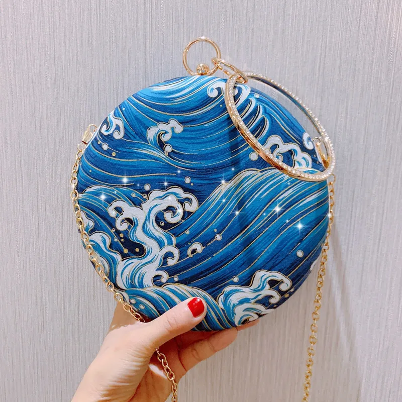 

2019 New Style Mini Small round Bag Women's Dinner Retro Literature And Art Versatile Printed Zipper Hand Single-shoulder Crossb