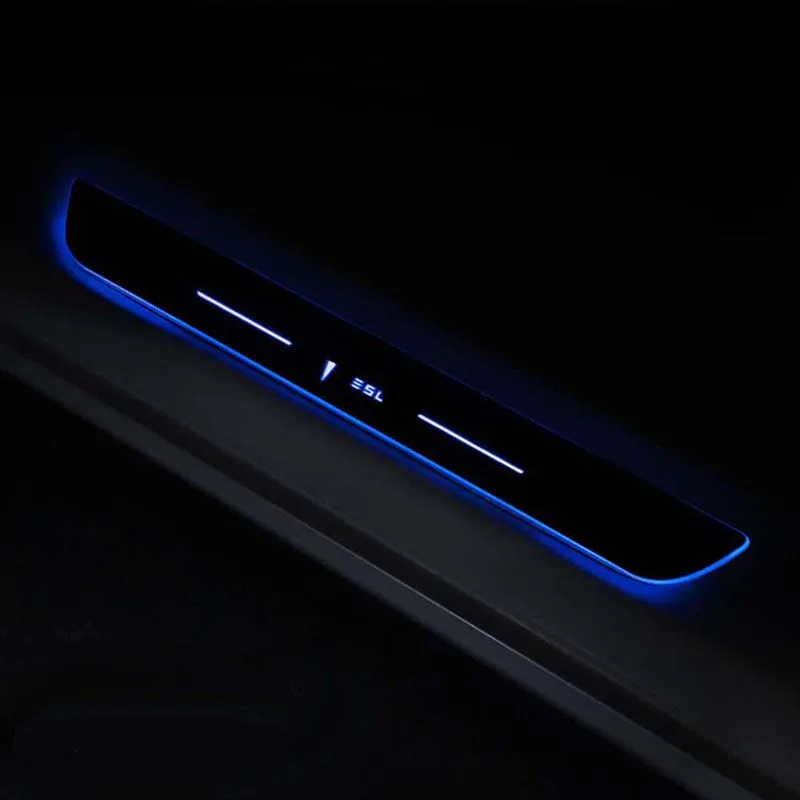 Интерьерные аксессуары для Tesla модель 3 модель 3 led порог двери порог приветственные огни педаль отделка Декоративная наклейка на рамку - Название цвета: Синий