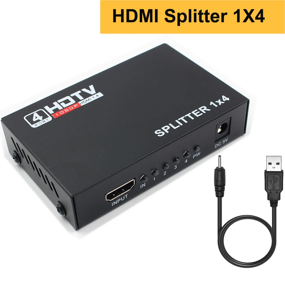 HDMI 1X4 4 порта HDMI сплиттер 1X4 HDMI Дистрибьютор HDMI 1 в 4 Выход 3D и full HD1080P с блоком питания для HDTV, DVD плеера, PS4 и т. Д - Цвет: HDMI 1X4