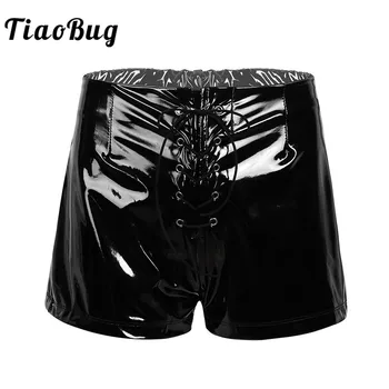 

TiaoBug Fashion Wet Look PU Leather High Waist Front Lace Up Women Hot Sexy Mini Booty Shorts Nightclub Party Rave Dancewear