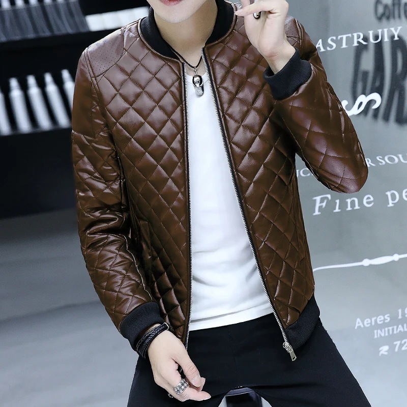Клетчатые кожаные куртки Chaqueta Cuero Hombre черные куртки-бомберы ПУ мужские повседневные кожаные куртки Slim Fit Куртка байкера мужские