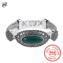 Черный Кристалл Большой овальный зеленый жемчужный браслет ювелирные изделия винтажные аксессуары 925 Серебряный браслет индивидуальные вечерние для женщин подарок