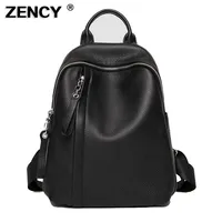 ZENCY Genuine Cow Leather Silver Metal Hardware Women Black White Color Backpacks Young Girl First Layer Cowhide Shooping Bag 1