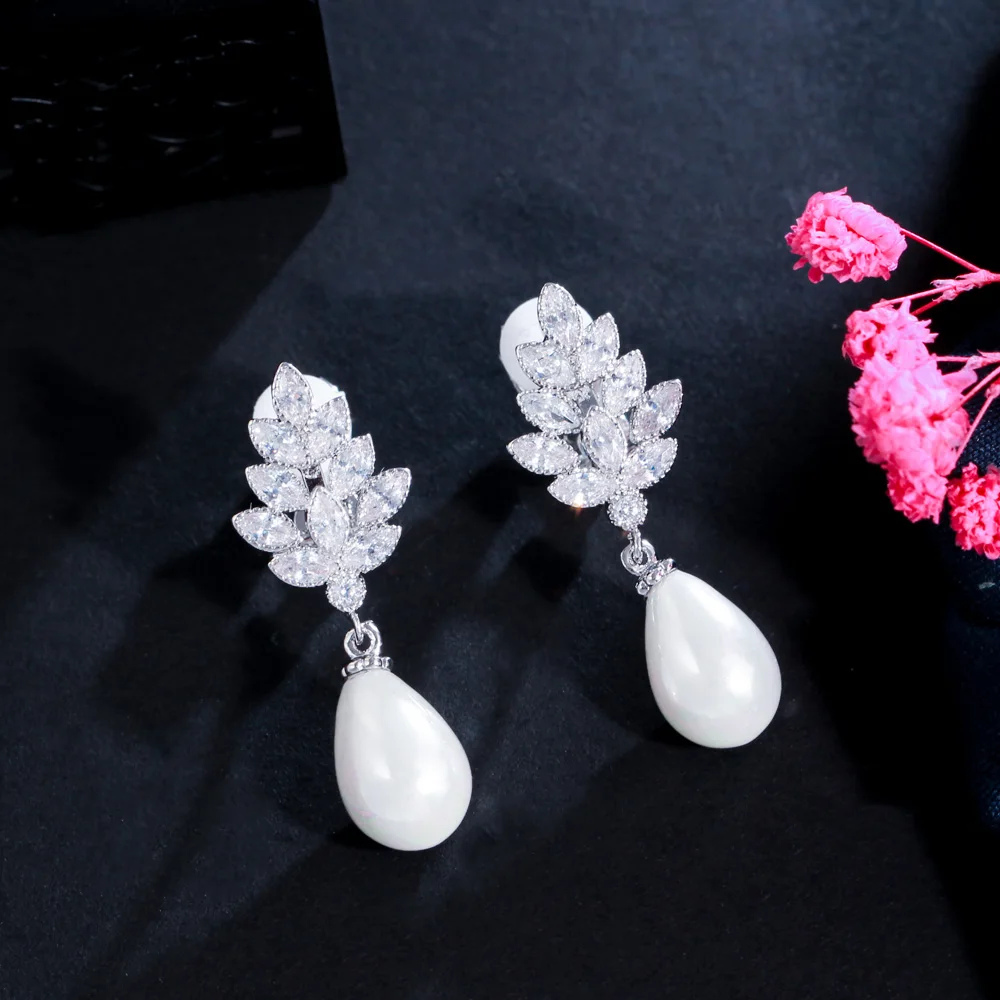 Shiny Cubic Zirconia Pave Leaf Shape Dangling Pearl Non Pierced Ear Clips Earrings For Women ear clip earrings,clip earrings,ear clip,ear accessories