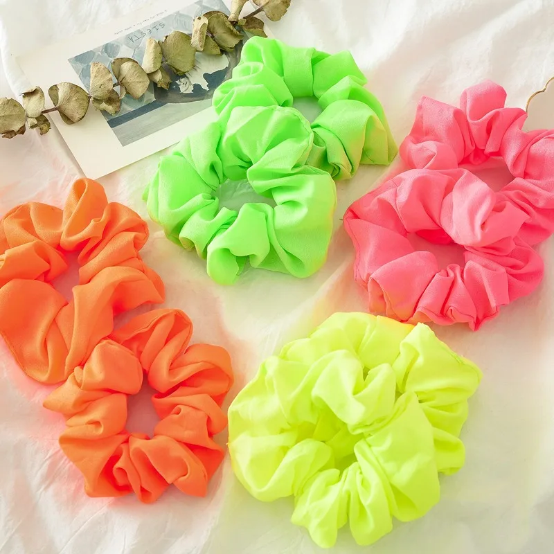 NEW Women Neon Scrunchies Elastic Hair Ties Colorful Ponytail Holders Pink Green Orange Bright Fashion Accessories |