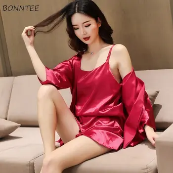 

Pajama Sets Women Soft Summer Silk Imitation Simple Elegant Sexy Spaghetti Strap Womens Homewear Ins Ladies 3 Piece Nighwear 2XL