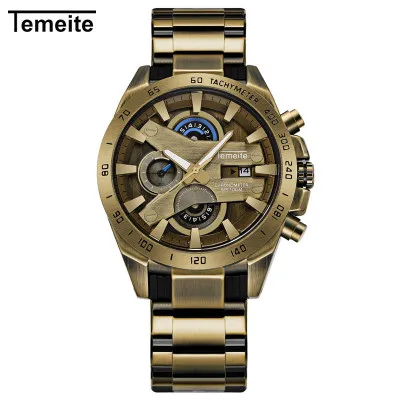 Bronze Blue TEMEITE брендовые модные мужские часы Quart многофункциональные часы с хронографом и календарем светящаяся рука водонепроницаемые стальные подарки часы для мужчин s - Цвет: Bronze Blue