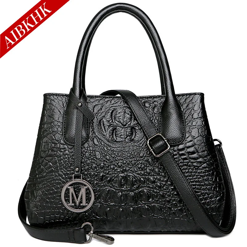 

S9204 New Style Genuine Leather Alligator Print Handbag Western Style Cowhide Middle-aged WOMEN'S Bag Mommy Bag