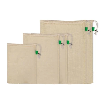 

5Pcs/Set Cotton Mesh Produce Bags Reusable Drawstring Shopping Bag Kitchen Fruit Vegetable Organizer Storage Bags