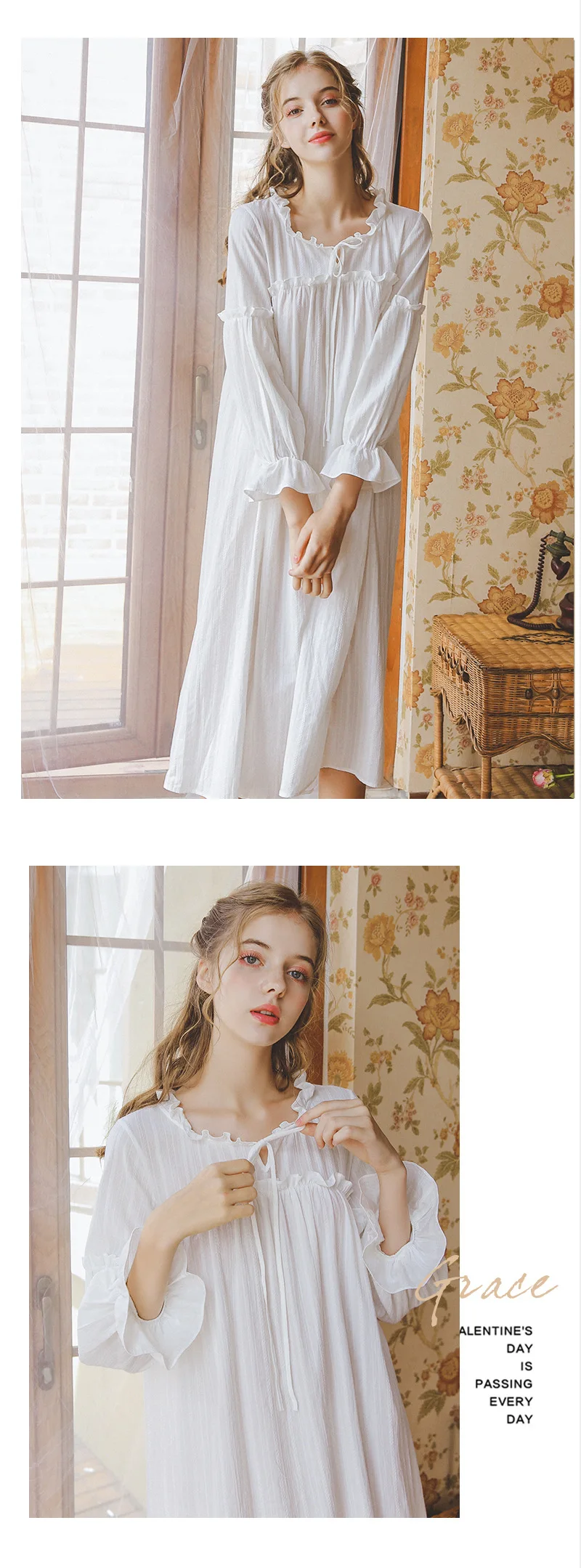 Womens Spring and Summer Sleeping Dress Princess Palace Vintage Night Gown Viscose Long Sleeves White Sleep Wear Sleepshirts