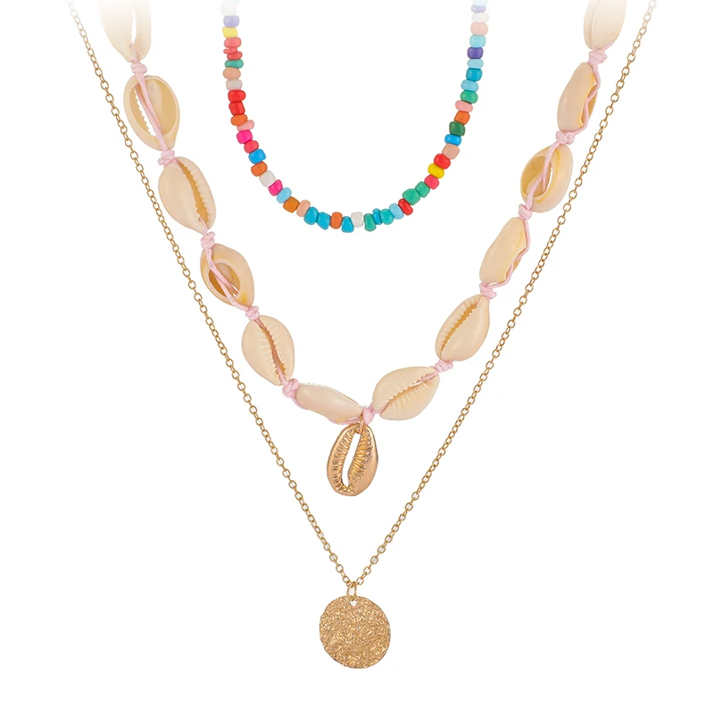 Tocona Bohemian Colorful Bead Shell Pendant Necklace for Women Starfish Multi-layer Chain Choker Necklace Summer Jewelry Collar