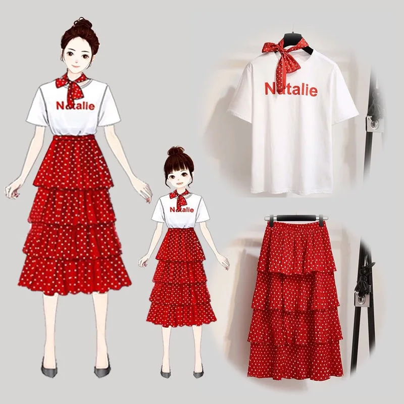 Семейные костюмы для девочек и мам летнее красное нарядное платье пляжа белая