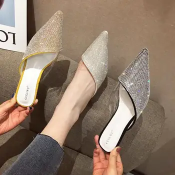 

2020 Spring Women Slippers Pointed Toe Rhinestone PVC Transparent Thin Low Heels Slip On Flip Flops Bling Slippers Slides Shoes