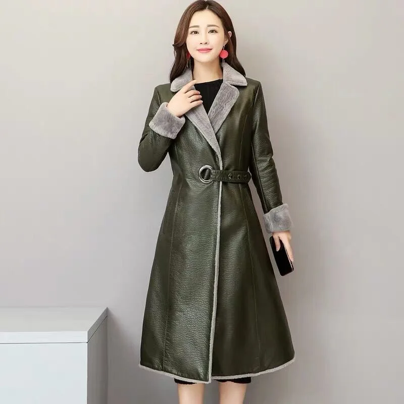 902army green Vangull Новая женская красная куртка из искусственной кожи с меховой подкладкой, длинные пальто, тонкие модные кожаные пальто, черная одежда, женское элегантное пальто, верхняя одежда - Цвет: 902army green