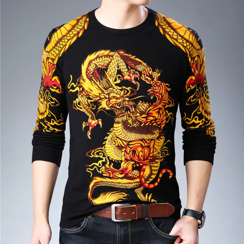 

Pullover Erkek Fashion Kazak New Dragon Printed Sweater Mens Sueter Hombre Slim Fit Pull Homme Mens Chompas Hombre 2020 Clothes