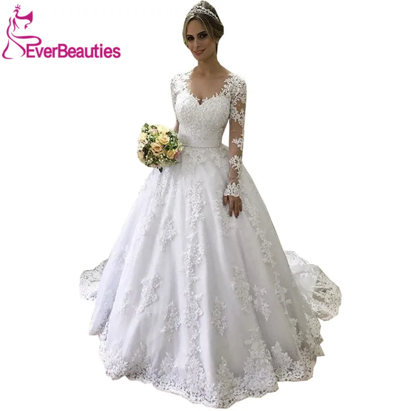 Vestido De Noiva, свадебное платье с длинными рукавами, Тюлевое платье с аппликацией для невесты, Роскошные свадебные платья