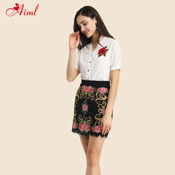 

Floral Embroidery Lace Skirt Suits Summer Women's Elegant Office Suit V-Neck White Top And Black Lace Mini Skirt Two Pieces Set