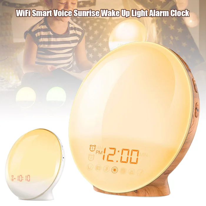 WIFI Voice Sound Alarm Clock LED Sunrise Simulation with FM Radio Snooze Clock TB Sale